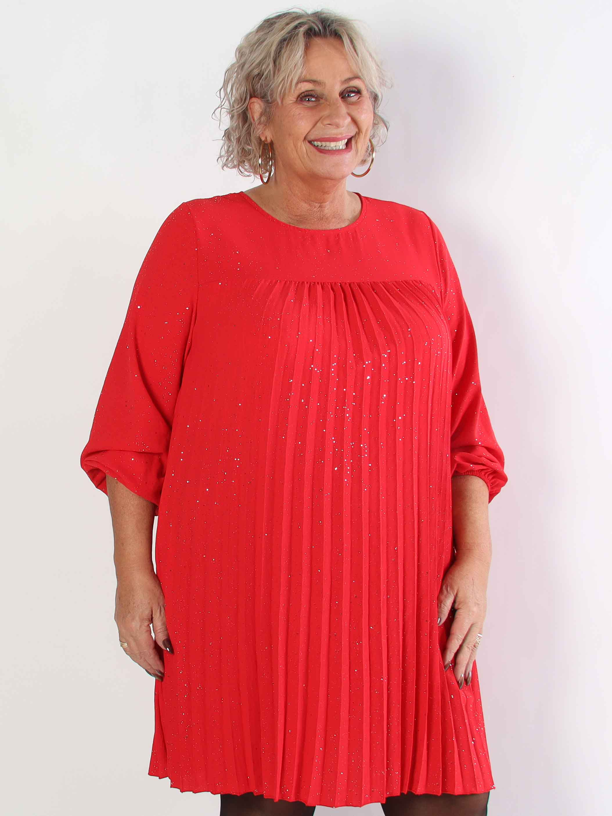 Nancy Glitter Short L/S - Plisseret plus size kjole med lommer og glimmer